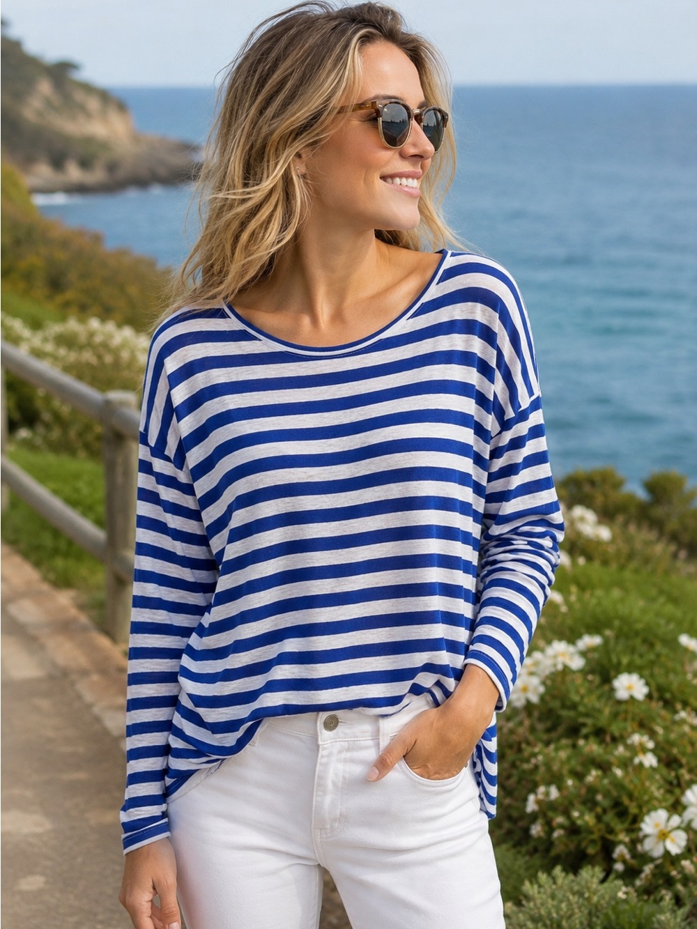 J.Crew XL 100% Linen Blue White Striped Long Sleeve Coastal Nautical Tee